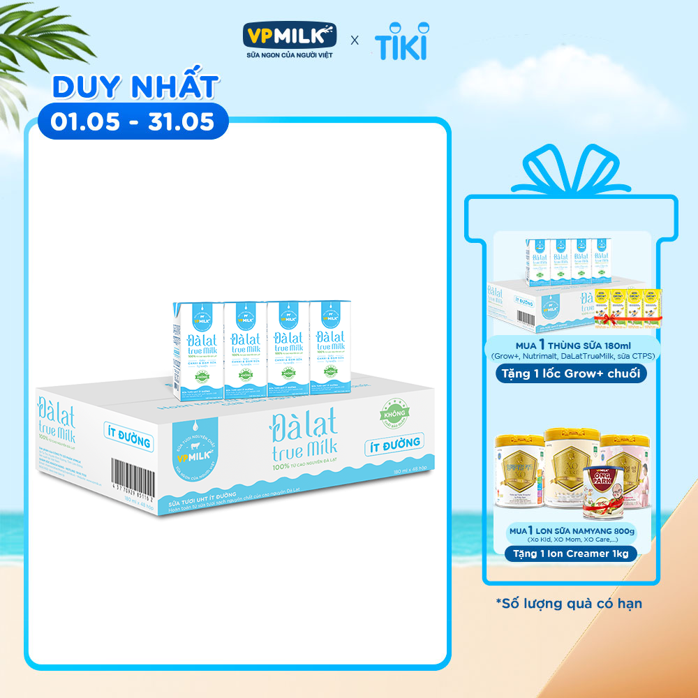 Sữa tươi UHT Đà Lạt True Milk Ít Đường 180ml (Thùng 48 hộp)