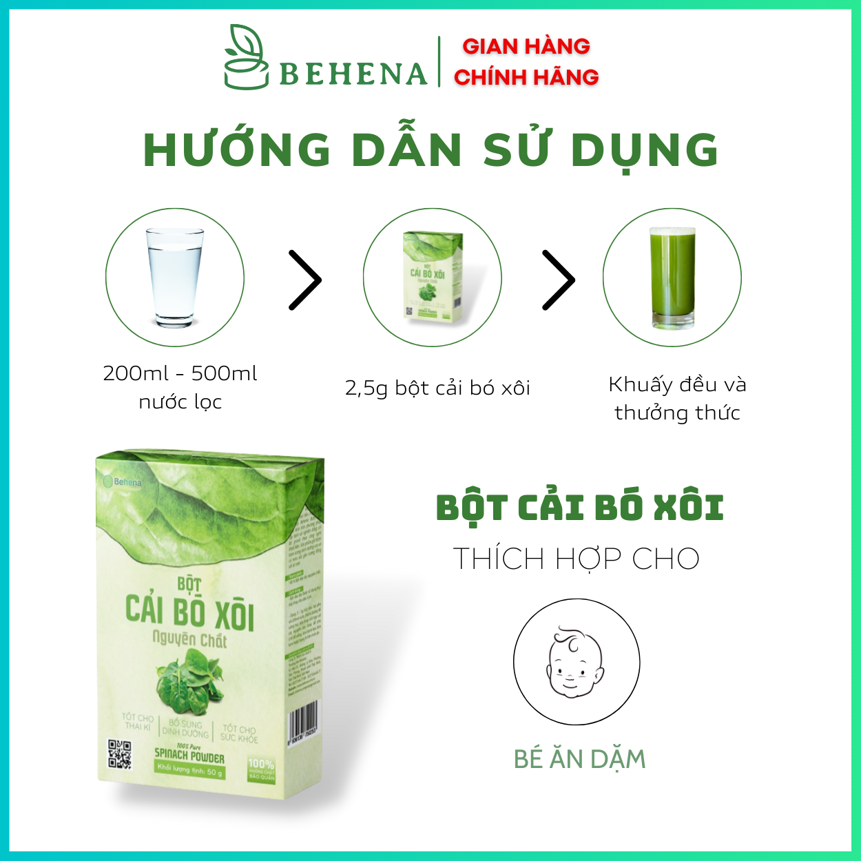 Bột Cải Bó Xôi Behena 100% Hữu Cơ Nguyên Chất Sấy Lạnh Cho Bé Ăn Dặm Hộp 50g