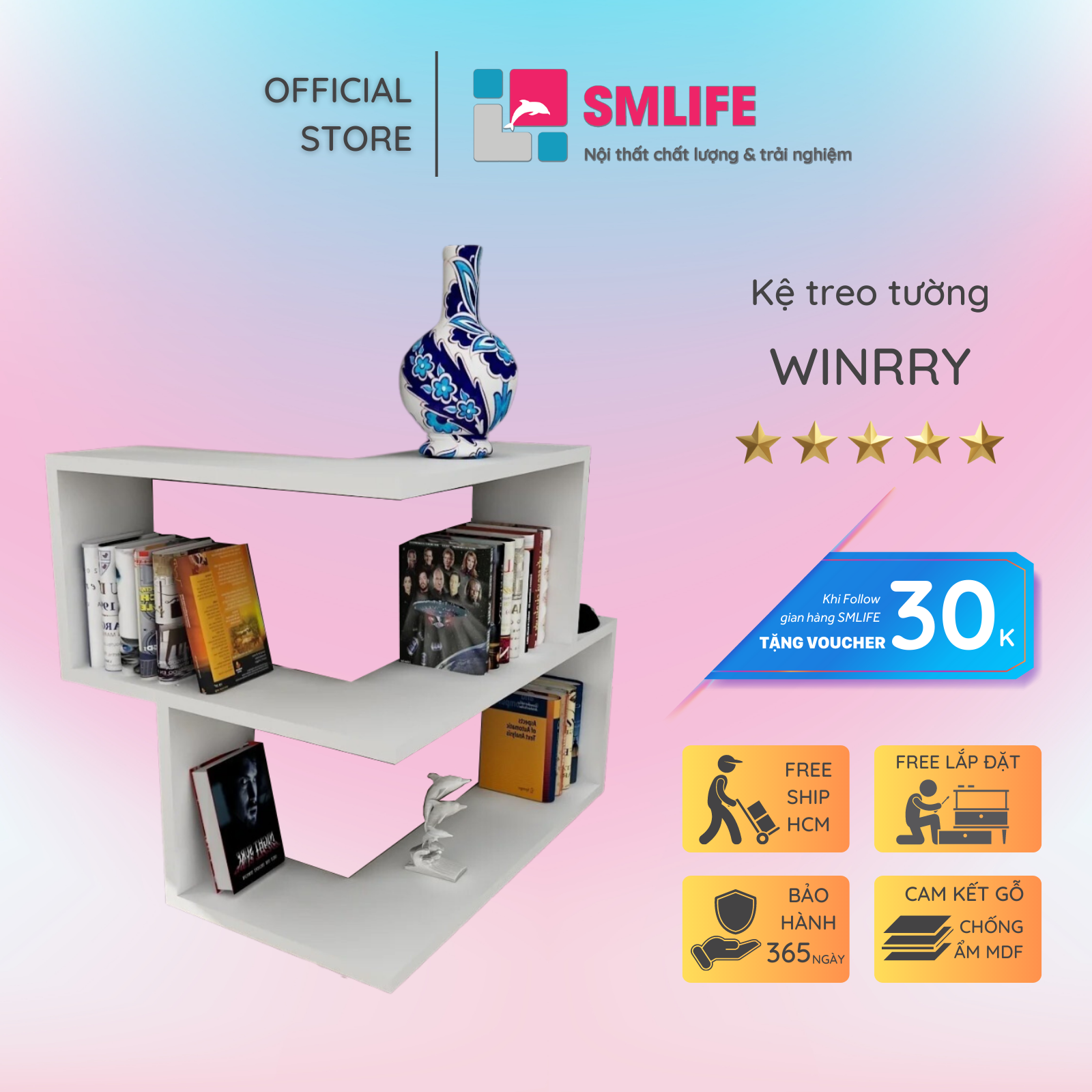 Kệ gỗ treo tường trang trí hiện đại SMLIFE Winrry | Gỗ MDF dày 17mm chống ẩm | D60xR20xC60cm