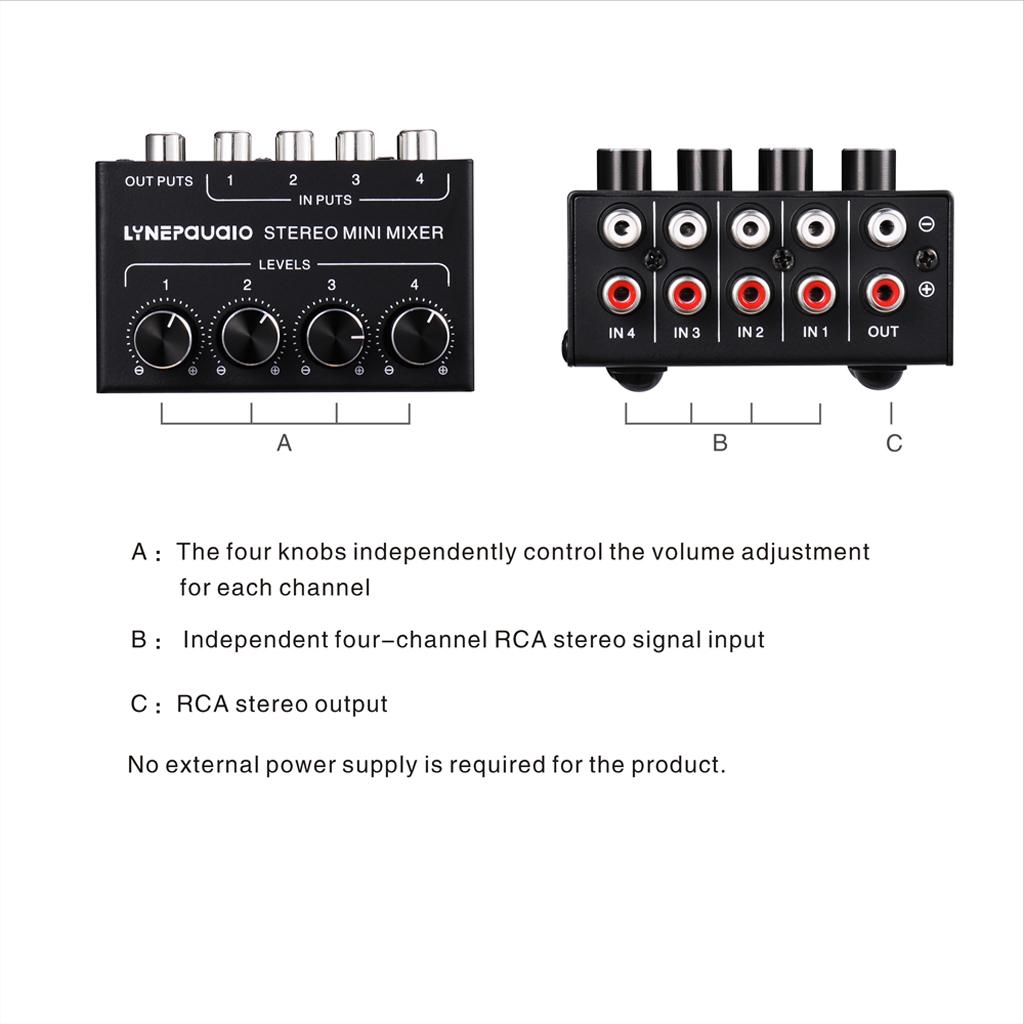 Mini Stereo Mixer 4 Channel Audio Mixes 4 in 1 Out for Desktop Laptop Phones