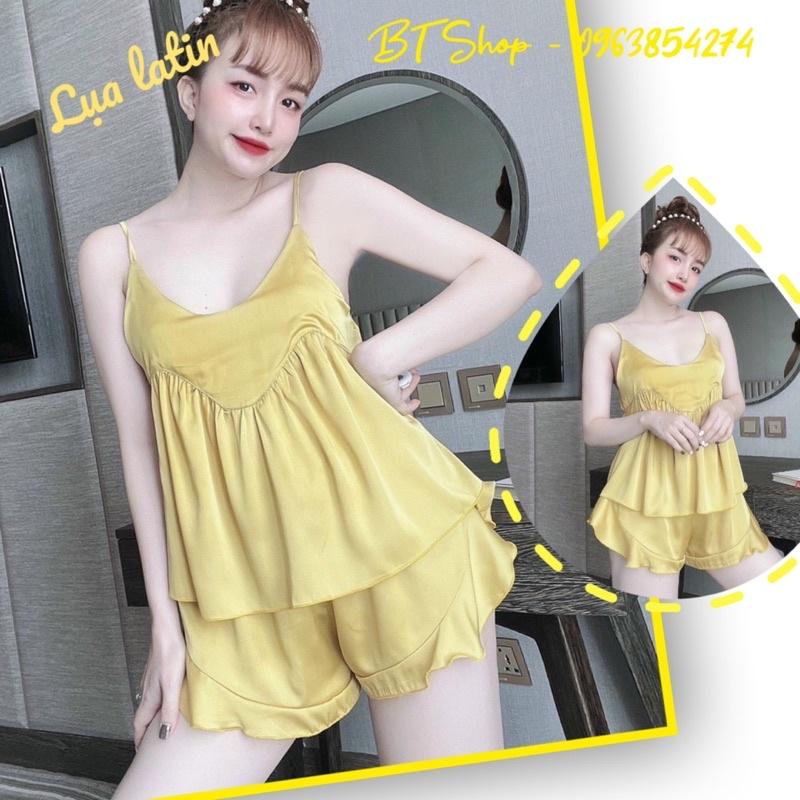 Đồ ngủ mặc nhà lụa latin 2 dây đùi trơn bèo freesize 42-57kg