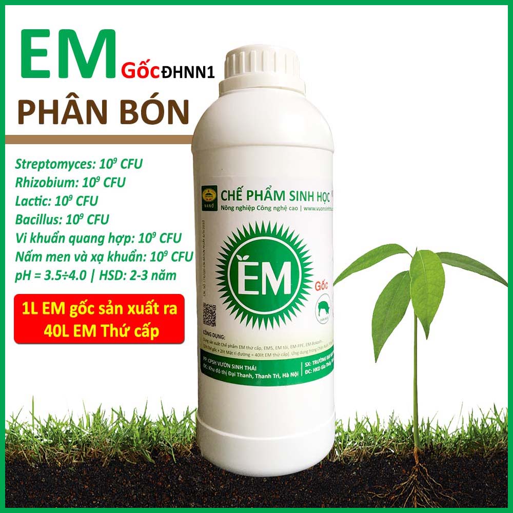 Men ủ phân cá, dịch chuối, đỗ tương, rác bã hữu cơ. Chế phẩm sinh học EM gốc của Đại học Nông Nghiệp 1 Hà Nội. Phân bón cho Lan, hoa Hồng và cây trồng. HSD: 2 năm