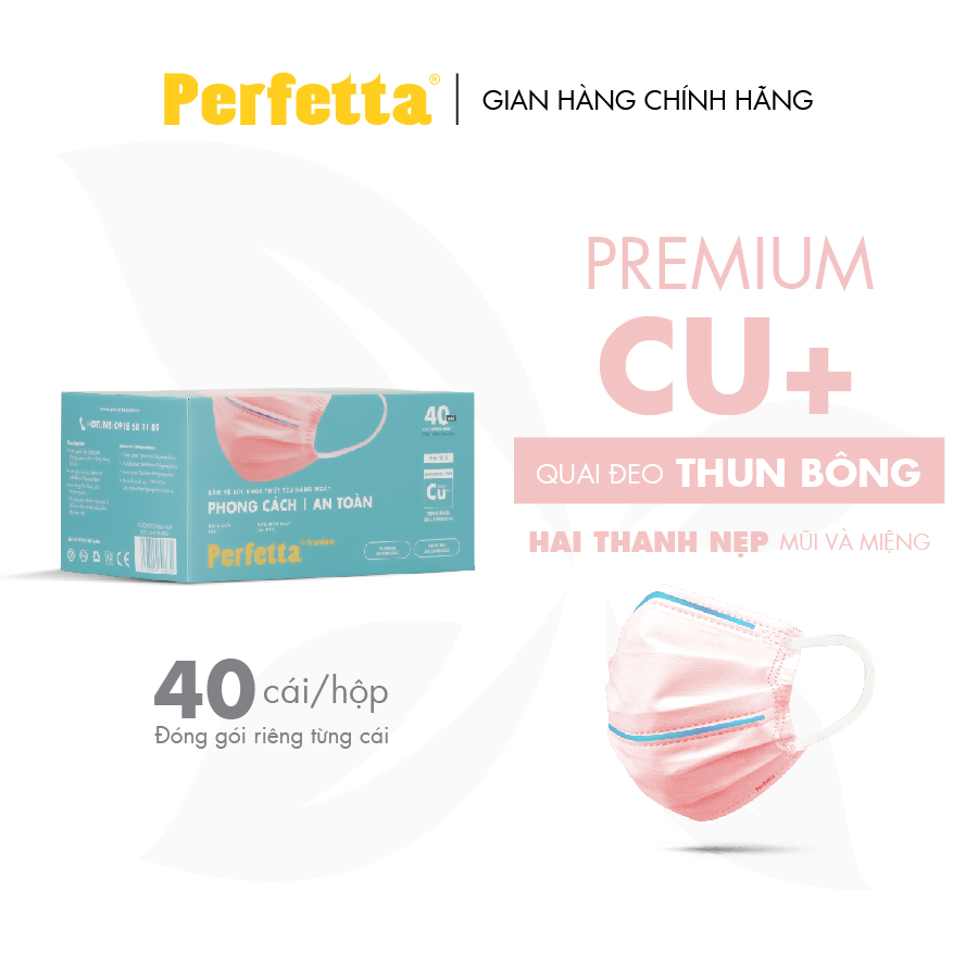 Khẩu Trang Y Tế 3 lớp Perfetta Premium cao cấp chuẩn Nhật Bản, 2 thanh mũi miệng,lớp ngoài phủ Nano đồng (40 cái/hộp)