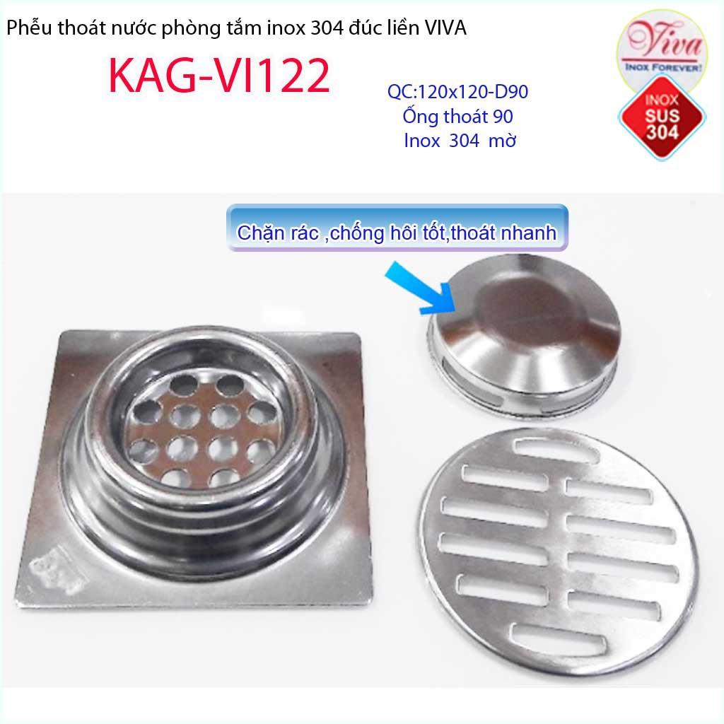 Phễu thoát sàn Viva 12x12 cm KAG-VI122 ống thoát 90mm chống mùi hôi inox 304, thoát sàn inox đúc dày thoát nước nhanh ch