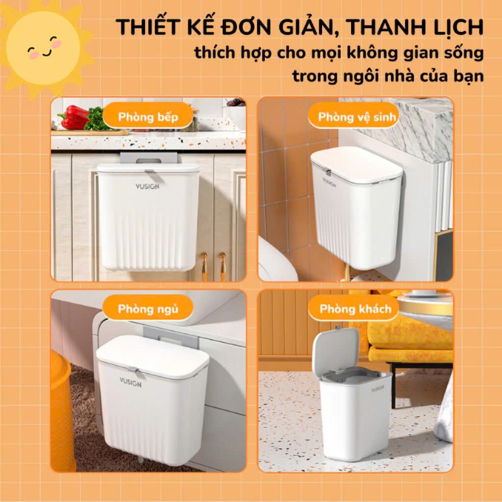 Thùng rác treo tủ bếp có nắp đậy thông minh, thùng rác treo tường dán tường, có thanh trượt cửa bếp