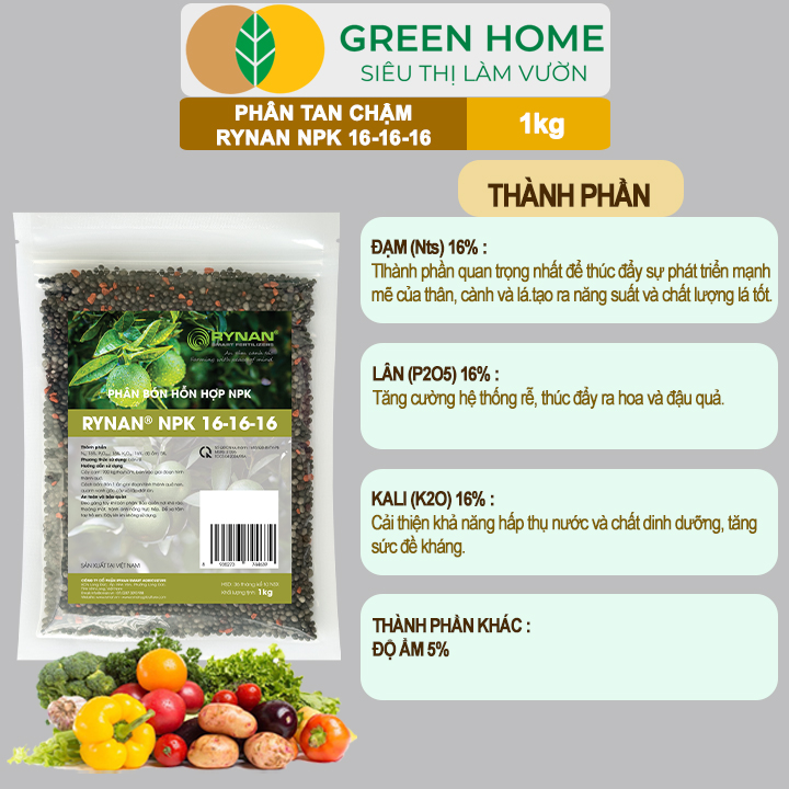 Phân Tan Chậm GreenHome, Rynan NPK 16-16-16, Túi 1kg, Dùng Cho Cây Có Múi Khỏe Bền Tán Xanh Rễ Mạnh