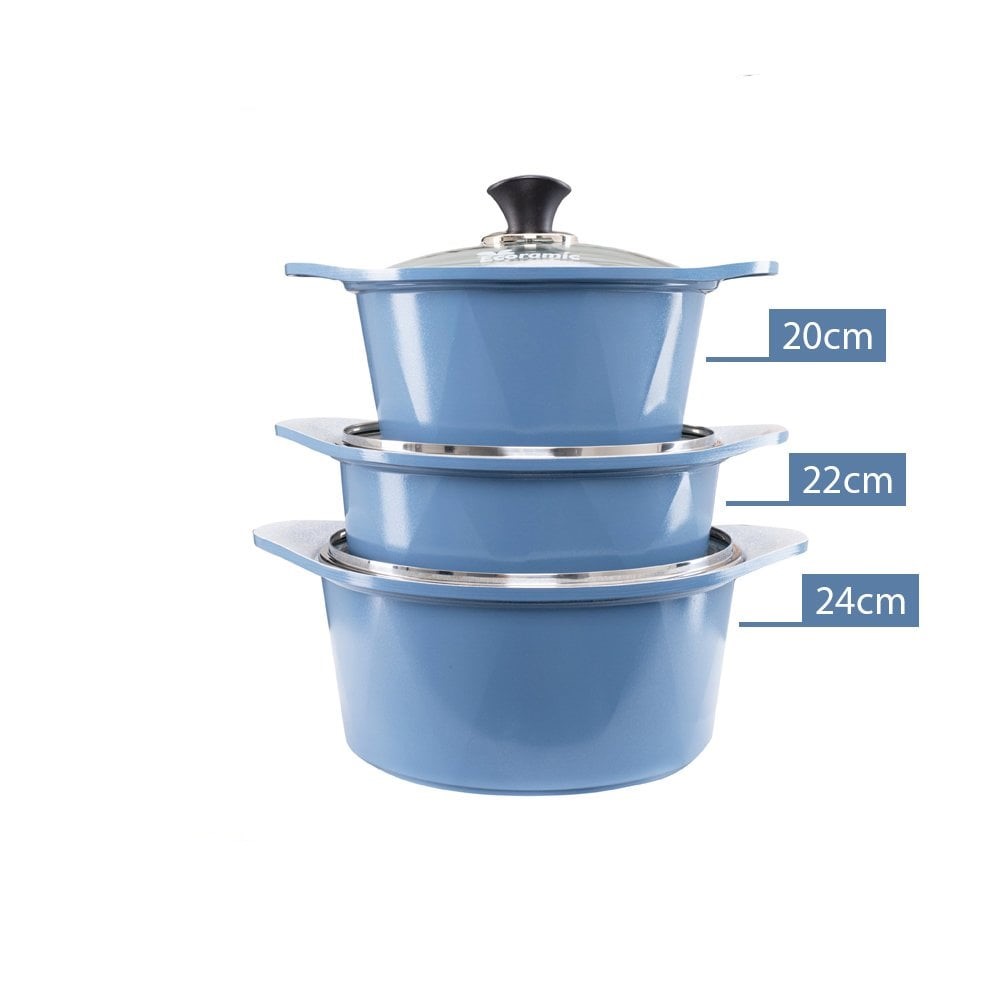 Combo 5 món cao cấp, nồi đúc ceramic đế từ xanh size 20-22-24cm, chảo vân đá ceramic đế từ vuông size 15x18cm và tròn size 26cm màu xanh (dùng được tất cả các bếp, kể cả bếp từ)  - Hàng chính hãng