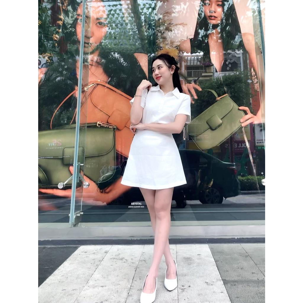 Set áo polo cài nút và chân váy chữ A