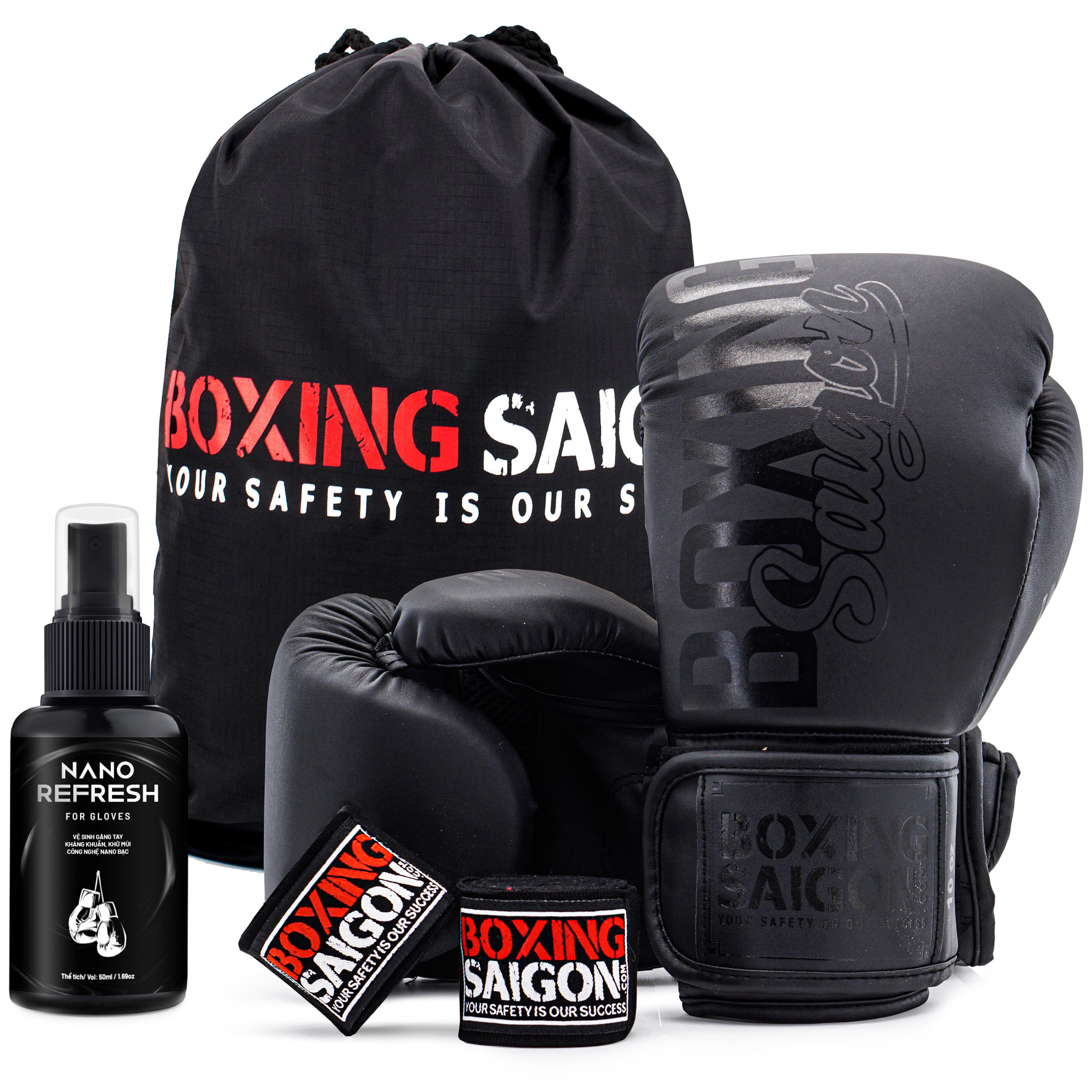 Combo Găng Tay Boxing Saigon + Băng Tay 4m5 (tặng túi rút) - Matte Black