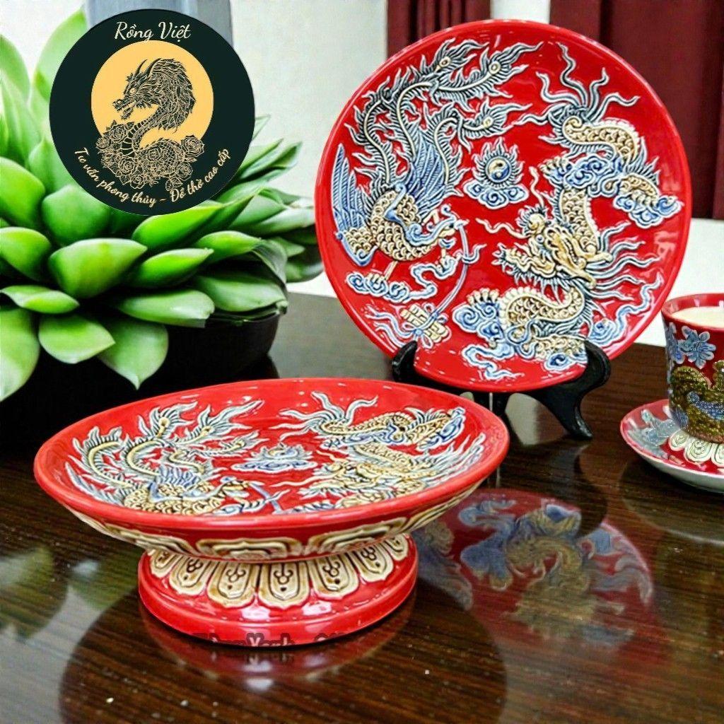 Mâm Bồng Đĩa Cúng Trái Cây Gốm Sứ RỒNG VIỆT Men Đỏ Bát Tràng Cao Cấp Trang Trí Bàn Thờ Đẹp