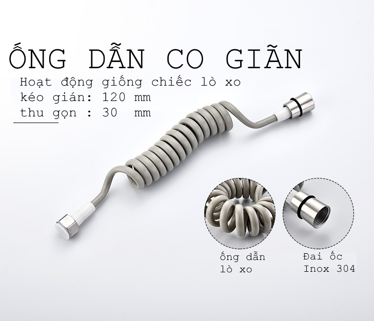 Bộ súng xịt nước 2 chế độ xịt kèm ống dẫn nước dẫn dạng co giãn lò so tiện dụng. Chất liệu Inox và nhựa PO.