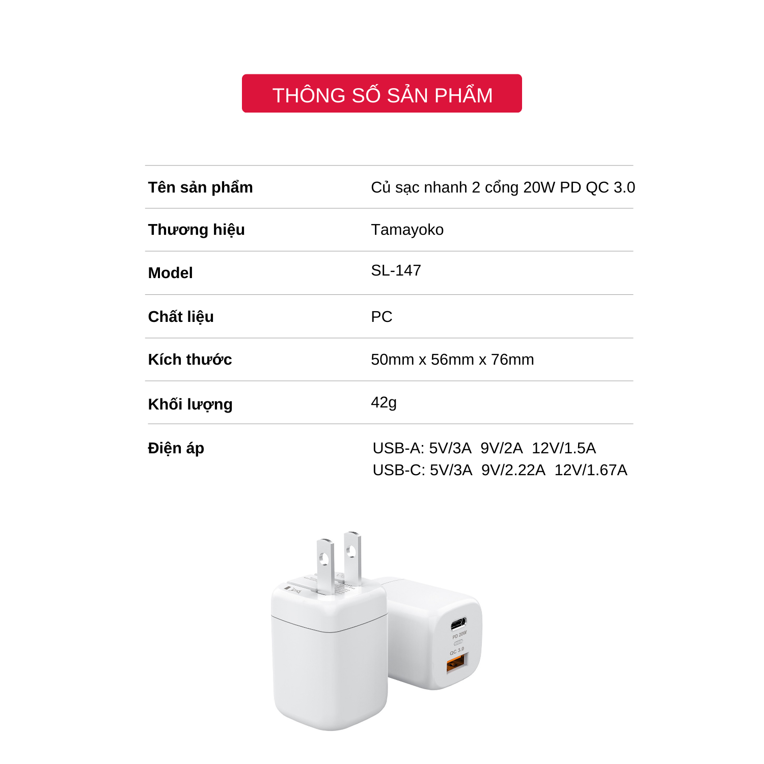 Củ Sạc Nhanh 20W 2 Cổng Power Delivery Quick Charge QC 3.0. Chứng Nhận CE/FCC/ROSH - Hàng Chính Hãng Tamayoko