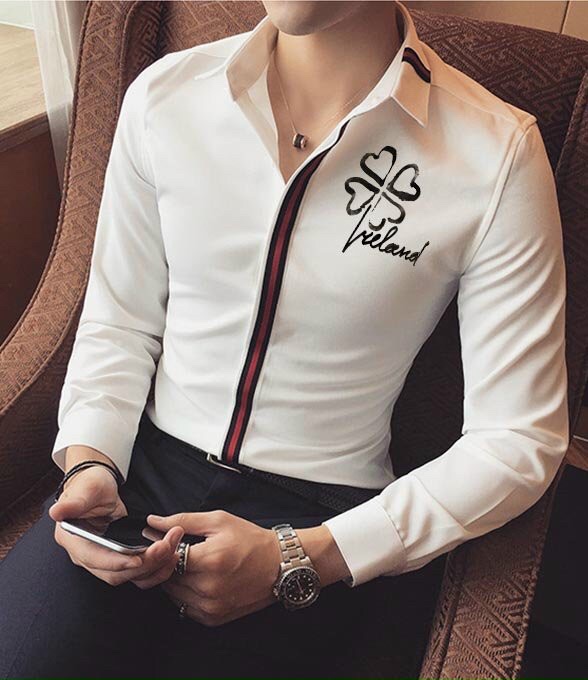 Sơ mi nam viền giữa đen đỏ họa tiết cỏ bốn lá thời trang