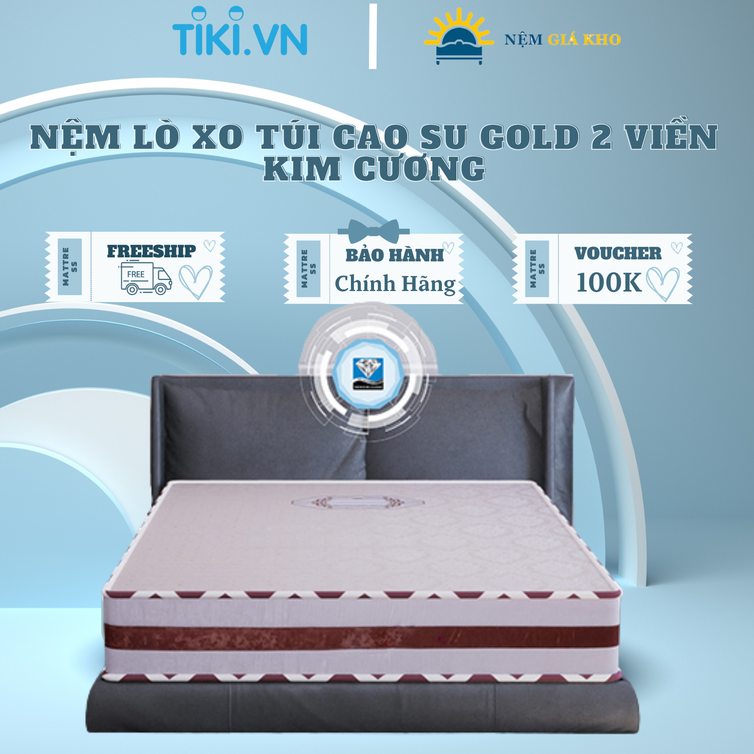 Nệm Lò Xo Túi cao su Gold Kim Cương 2 viền