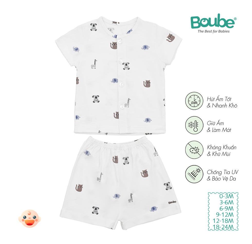 Bộ cộc tay cài thẳng họa tiết dễ thương cho bé sơ sinh và trẻ nhỏ Boube, vải Cotton organic thoáng mát - Size 0-24M