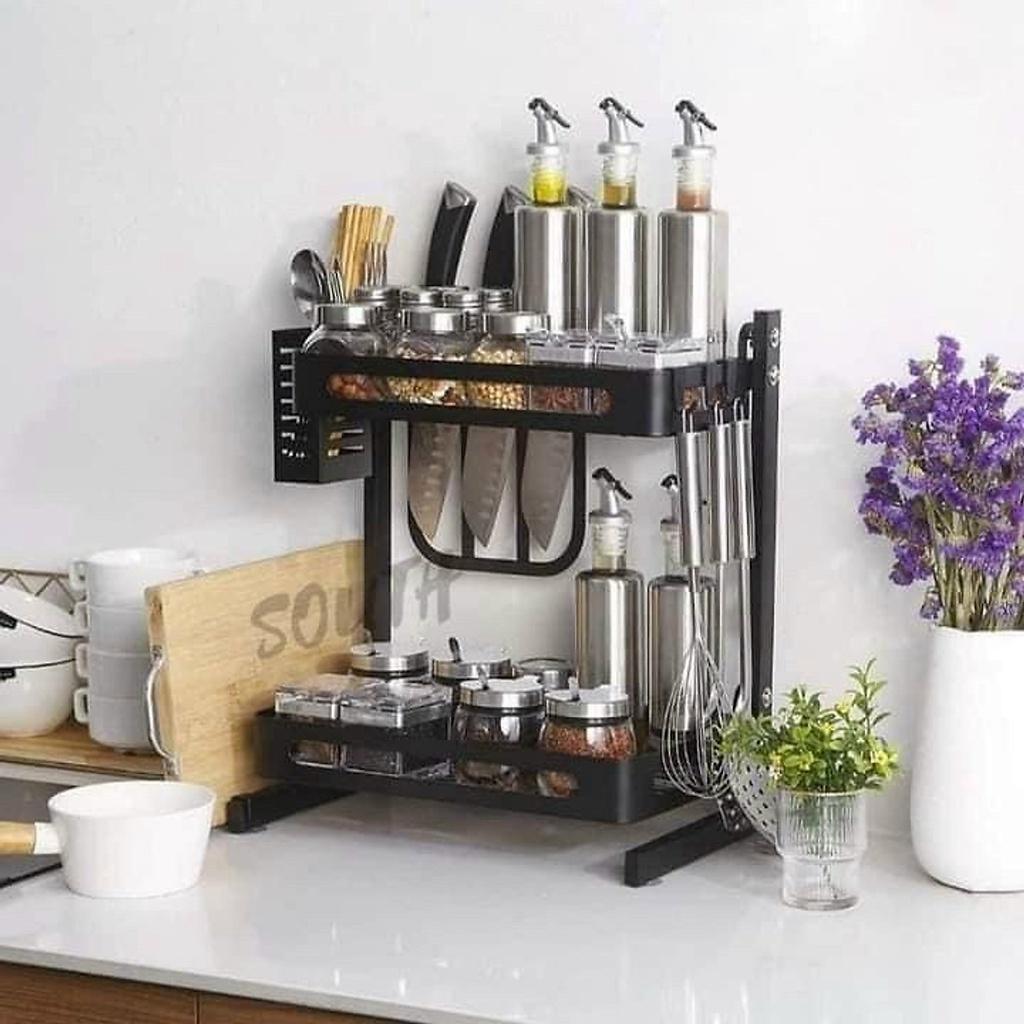 Kệ Gia Vị Thép Đen Đa Năng 2 Tầng Có Ống Cắm Đũa Và Giá Để Thớt - Kệ Gia Vị Nhà Bếp Đa Năng Chất Cao Cấp Chống Han Gỉ