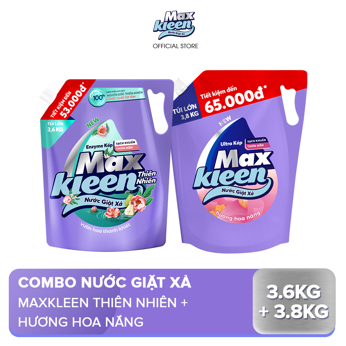 Combo Túi Nước Giặt Xả MaxKleen Thiên Nhiên 3.6kg + Túi Hoa Nắng 3.8kg