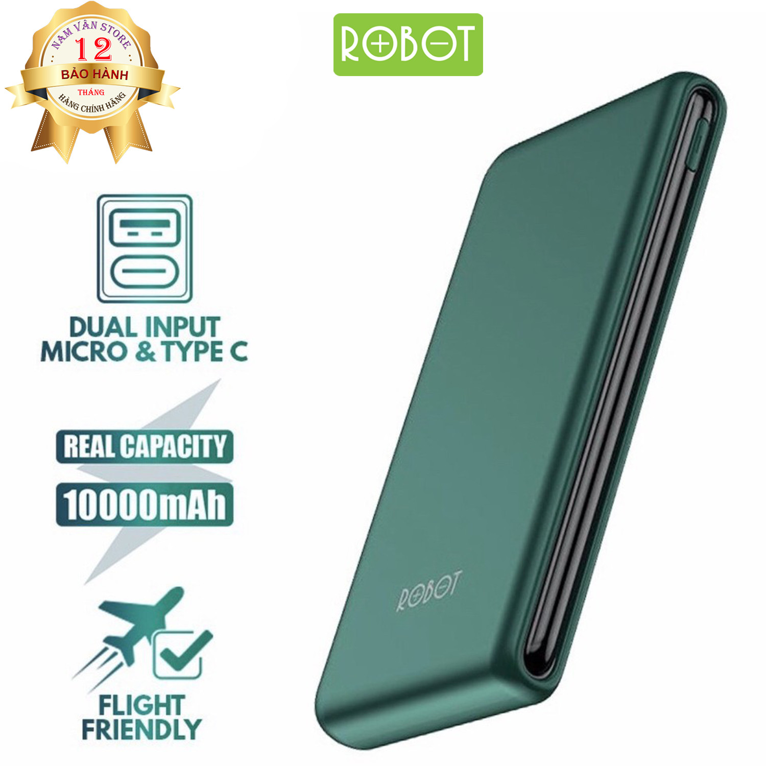 Pin Sạc Dự Phòng ROBOT RT180 10000mAh Thiết Kế Nhỏ Gọn 1 Cổng USB Và 1 Cổng Micro/Type-C - Hàng Chính Hãng