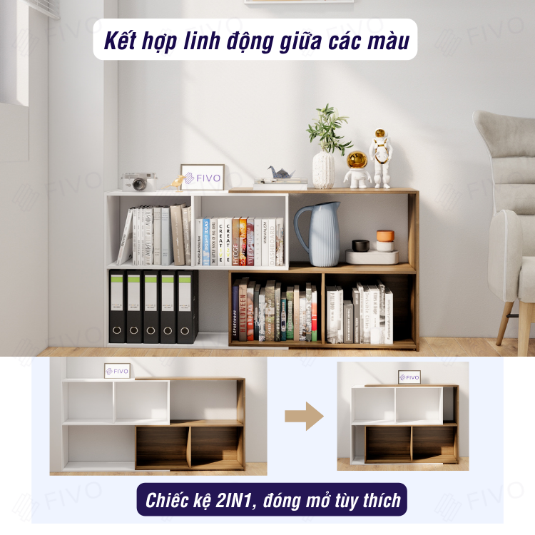 Kệ Sách Gỗ Trang Trí Màu Nâu FIVO FB72, Thiết Kế Thông Minh, Có Thể Tách Thành Nhiều Ngăn, Tiện lợi Phù Hợp Nhiều Không Gian