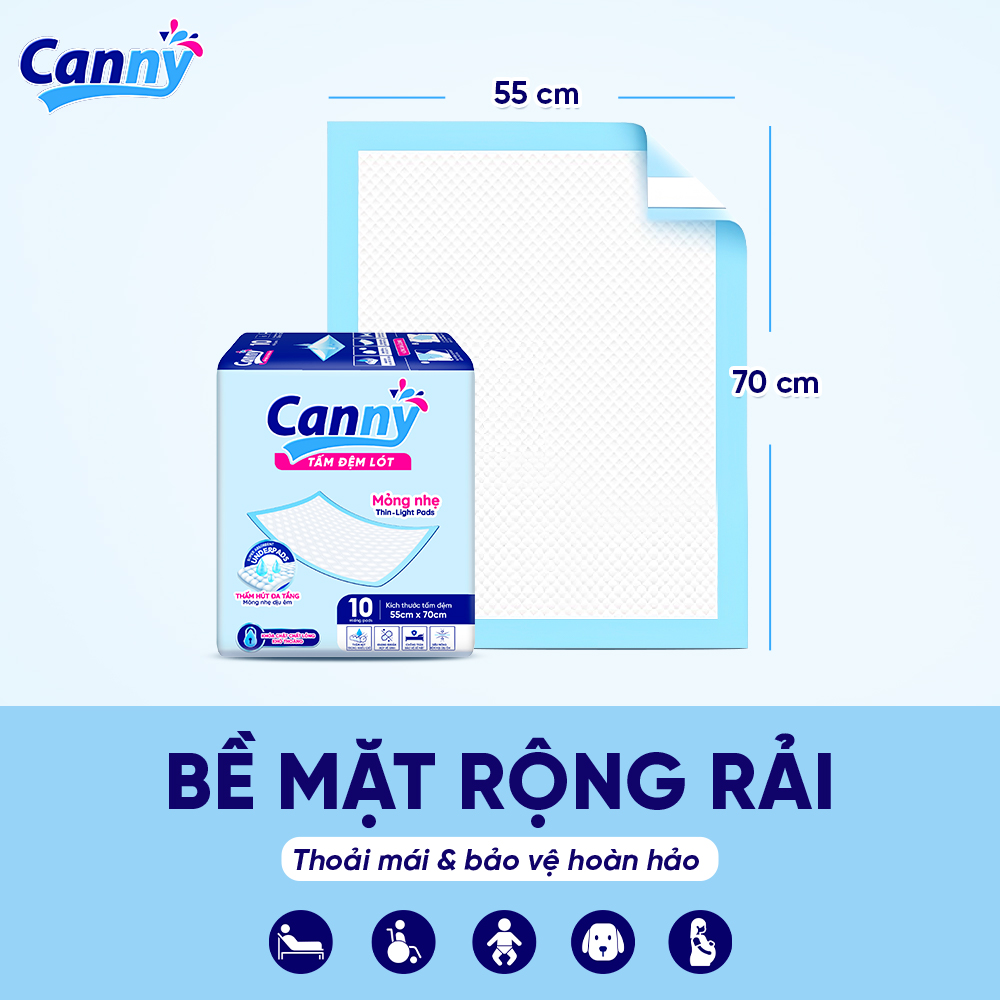 Combo 10 Tấm Đệm Lót Người Lớn Canny Siêu Mềm Mại, Siêu Thấm, Kháng Khuẩn 45x70cm, 55x70cm (10 miếng)