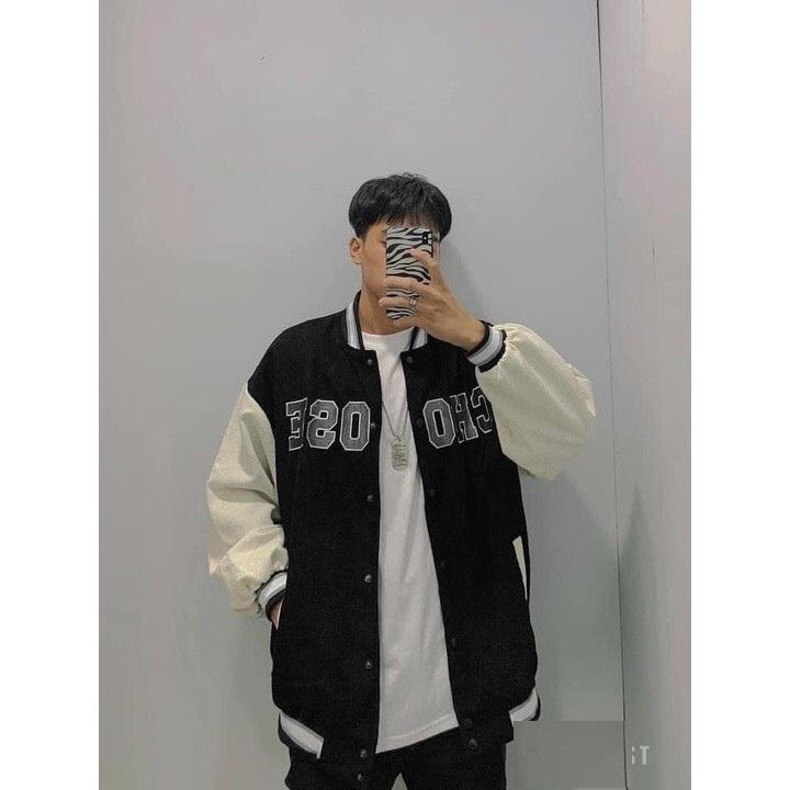 Áo Khoác Bomber CHOOSE Nhung Gân Tăm Thêu Phối Tay 2 Màu 2 Lớp Form Rộng Unisex Nam Nữ Ulzzang Hot Trend