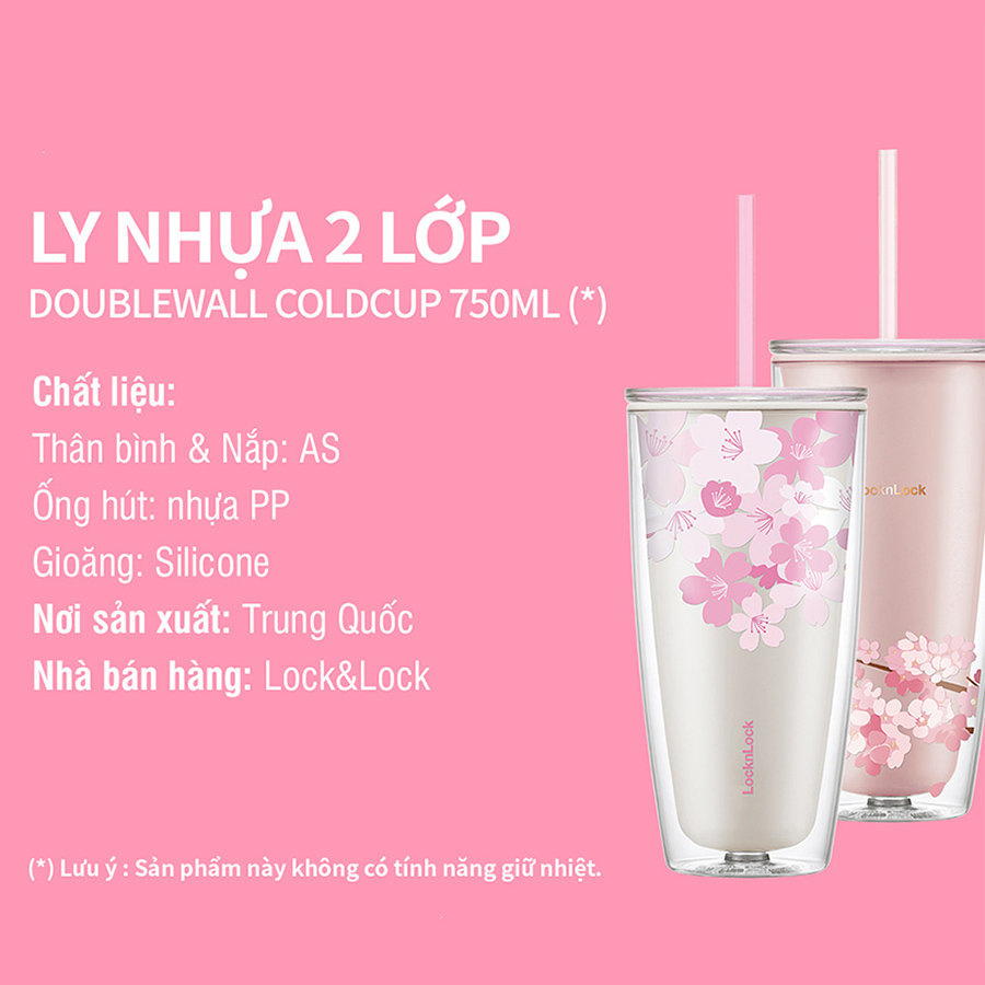 Ly Nhựa 2 Lớp LocknLock Double Wall Cold Cup Cherry Blossom 750ml HAP509WHT - Màu