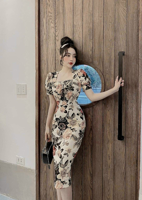 Đầm Thun Ôm Body Xẻ Tà Họa Tiết Hoa Xinh Xắn