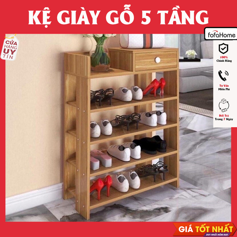 Kệ Giày Gỗ 5 Tầng Có Hộp Đựng Đồ Gía Tốt Nhất Màu Vân Gỗ