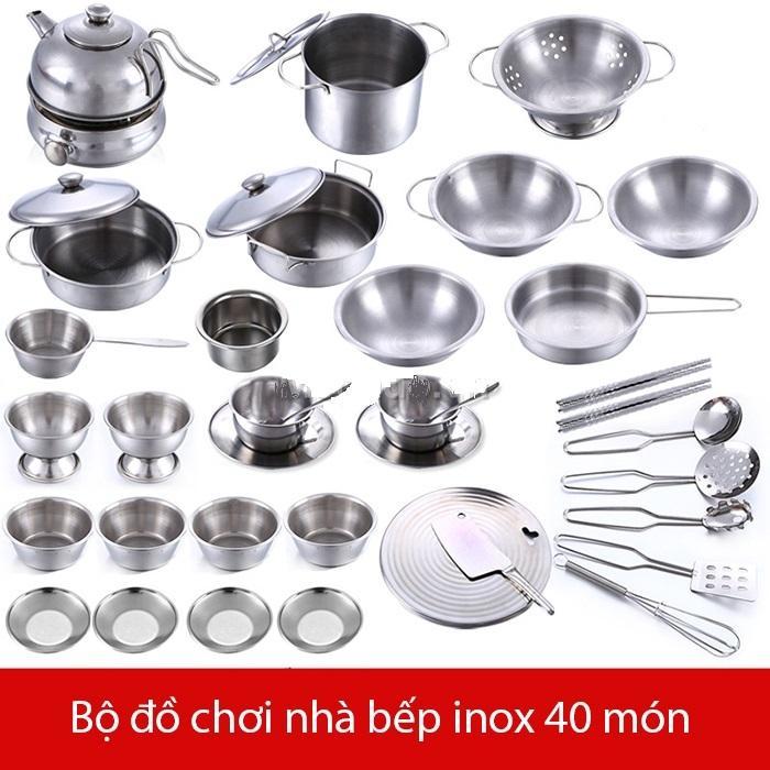 Bộ xoong nồi, bát, đũa và đồ dùng nấu ăn 40 chi tiết inox cho trẻ thỏa sức vui chơi, sáng tạo (tặng sticker Hàn Quốc)