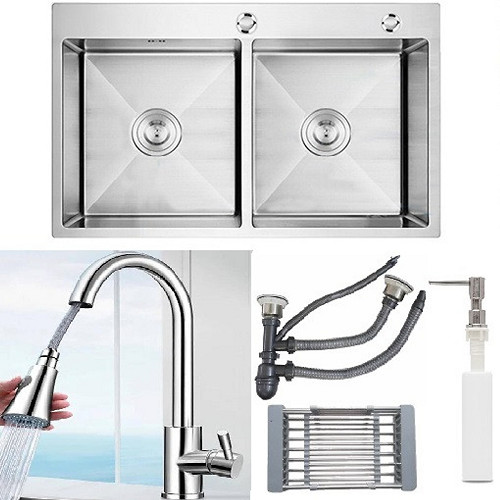 Combo chậu rửa chén bát inox kích thước 8245, vòi rửa bát nóng lạnh inox rút dây, bộ xả chậu, bình xà phòng, rá rau củ đa năng