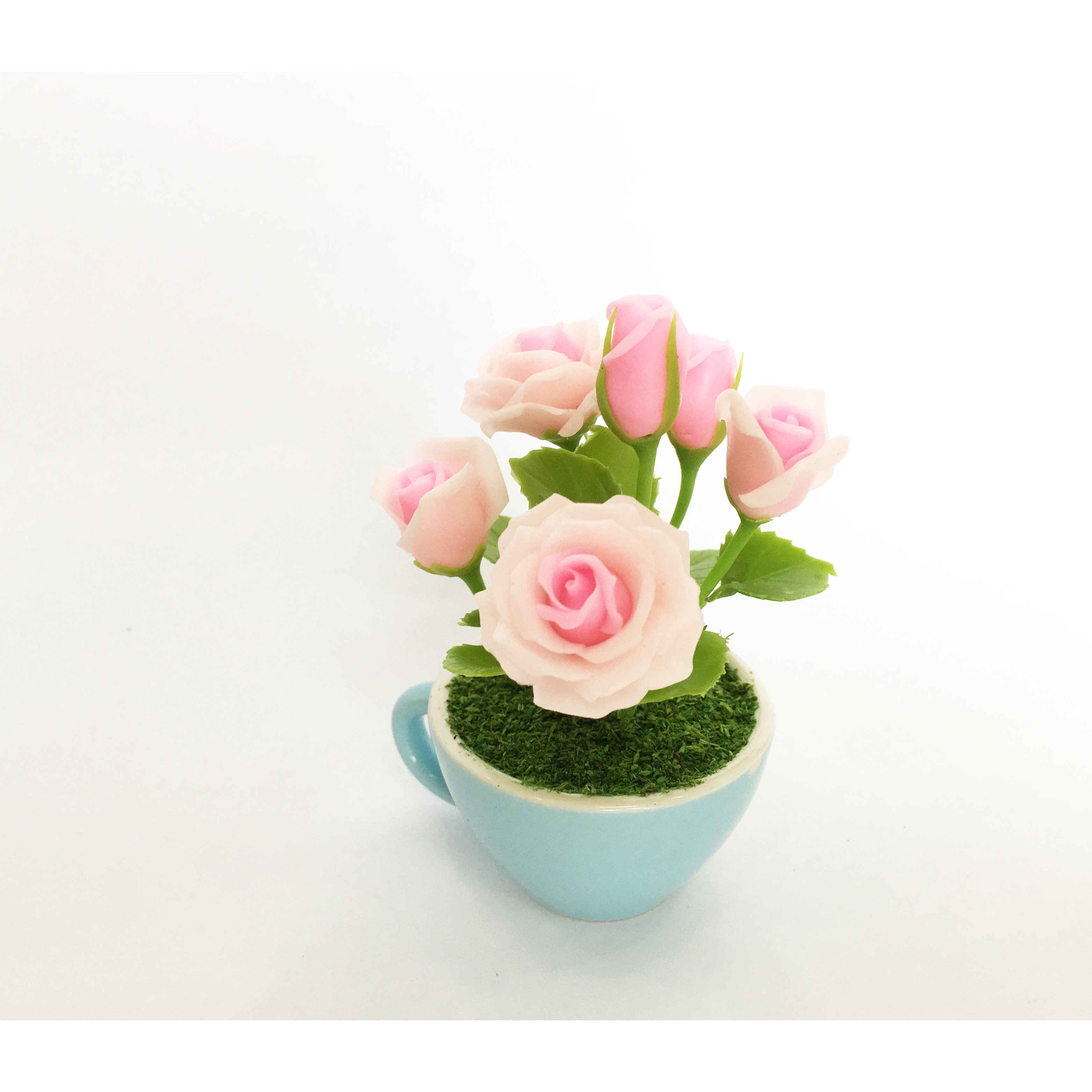 Chậu hoa đất sét mini - Bụi hoa hồng trong cốc sứ  - Quà tặng trang trí handmade