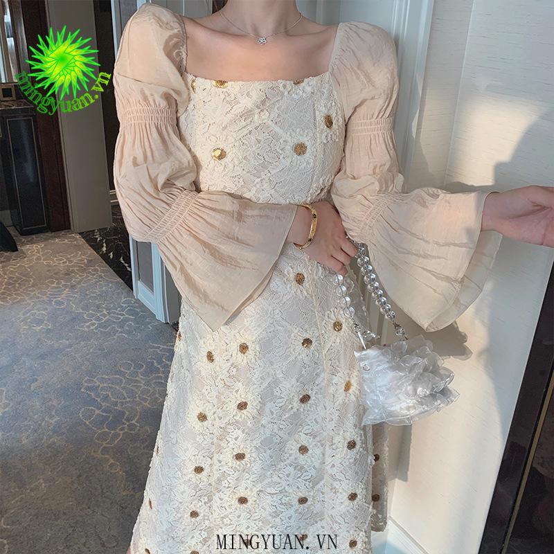 Đầm Nữ Dài Tay Ống Loe Xếp Ly Thời Trang