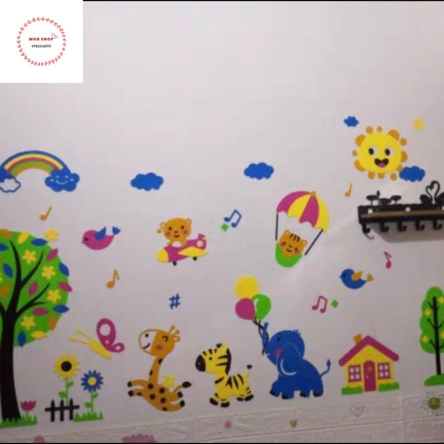 Decal dán tường mica 3D cây sắc màu và thế giới động vật, tranh các con vật dễ thương trang trí phòng bé yêu