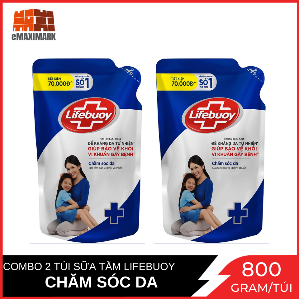 Combo 2 túi sữa tắm Lifebuoy Chăm sóc da (Xanh) 800g