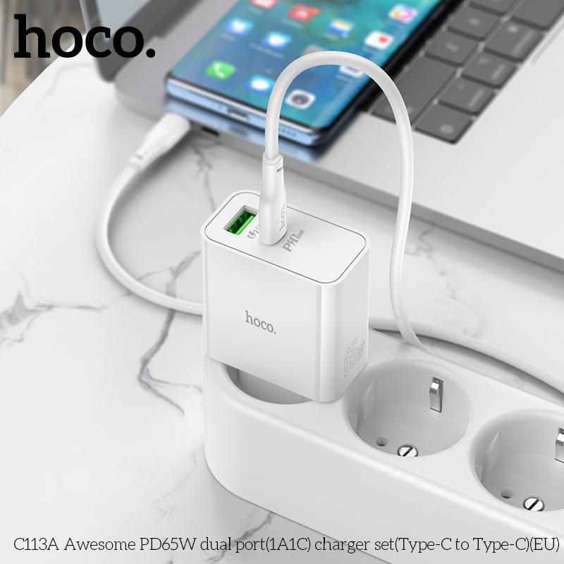 Bộ sạc 2 cổng 65W Hoco C113A (1 Type C + 1 USB), củ sạc kèm dây, sạc được cho laptop Type C chống cháy hàng chính hãng Mall Kem Phụ Kiện