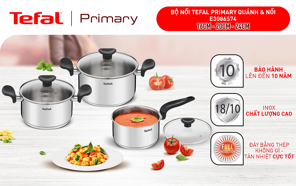 Bộ nồi inox Tefal Primary 16/20/24cm (E3086S74) - Nấu được mọi loại bếp - Hàng chính hãng