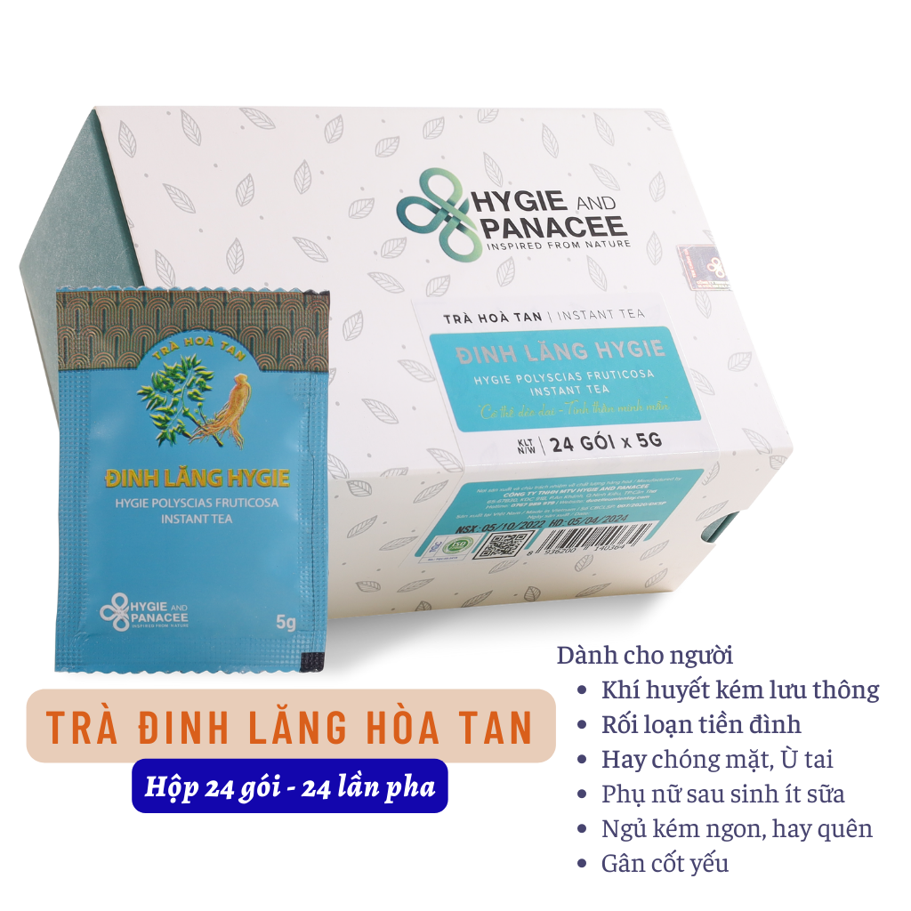 Trà Đinh Lăng - Trà hòa tan Hygie&Panacee Hộp 24 gói 24 lần pha - Ngủ ngon, lợi sữa, giảm chứng hay quên, khỏe gân cốt