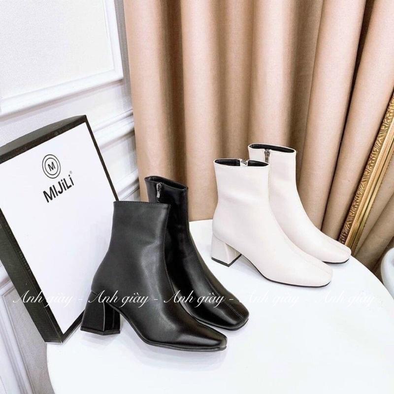 B44 - Bốt lửng cao cổ mũi vuông da lì khoá cạnh hàng hộp xịn MIDiLi