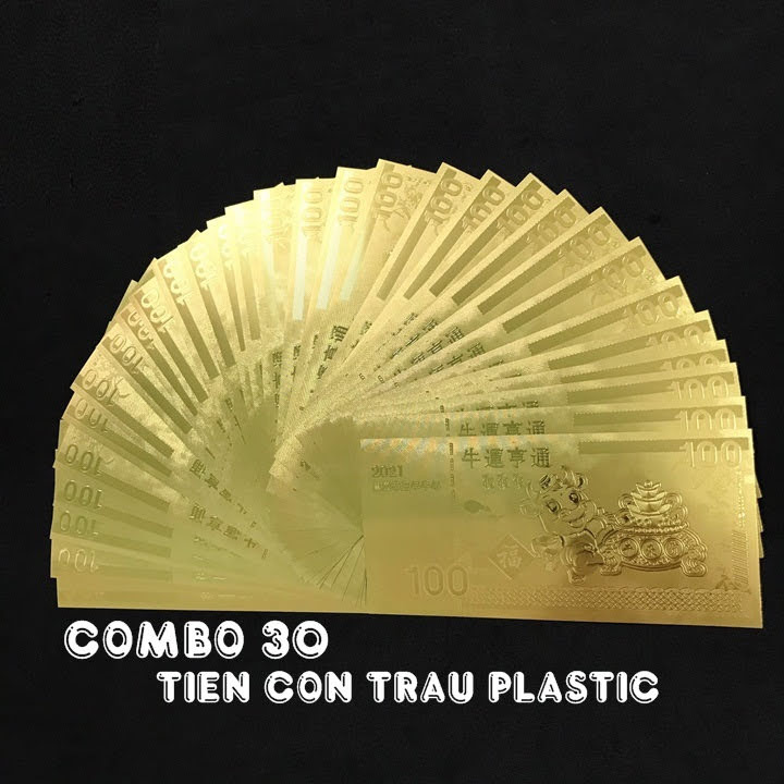 Combo 30 tờ lưu niệm 100 hình con Trâu, chất liệu nhựa plastic mạ một lớp màu vàng, dùng để trang trí trong nhà, làm tiền lì xì dịp Tết Tân Sửu 2021, treo trên cây mai, bỏ vào túi xách - SP005096