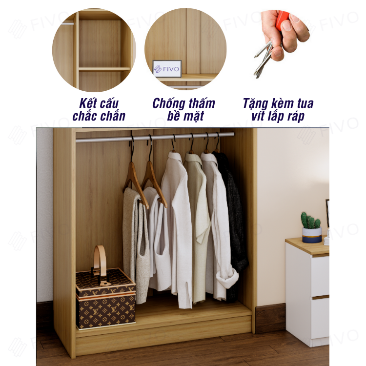 Tủ Đựng Quần Áo Gỗ MDF Lõi Xanh Chống Ẩm Dày 17mm FIVO FC01 Cửa Mở 3 Cánh Ngang 1m2 Phong Cách Hàn Quốc Dễ Dàng Lắp Ráp - Chính Hãng