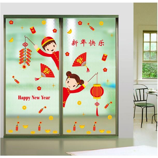 Decal trang trí tết - Bé Trai Bé Gái tưng bùng chào Xuân