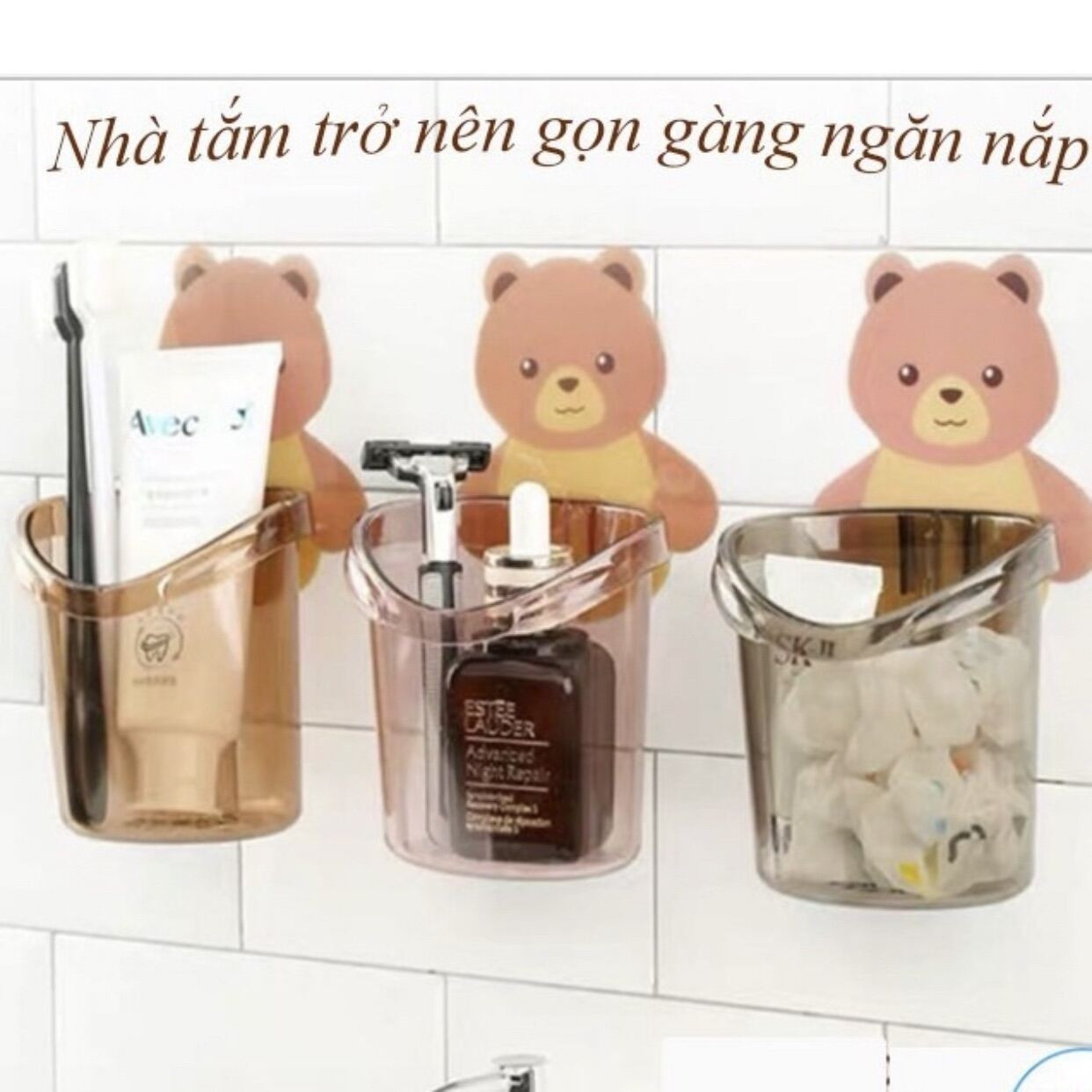 Cốc gấu dán tường đựng bàn chải, kem đánh răng, đồ dùng cá nhân văn phòng siêu chắc có lỗ thoát nước tiện lợi