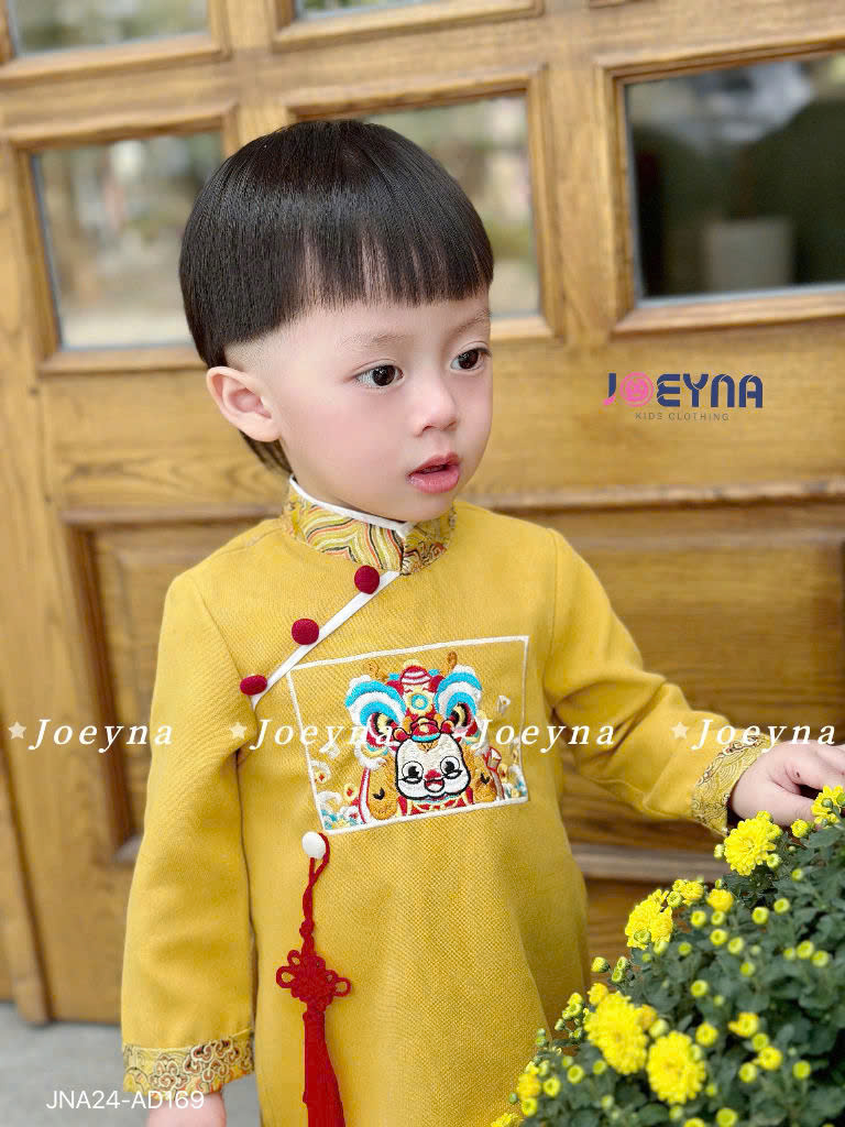 Áo dài cách tân bé trai 9m-6 tuổi thêu sư tử bắt mắt hàng thiết kế vải nhung tăm dáng thời trang