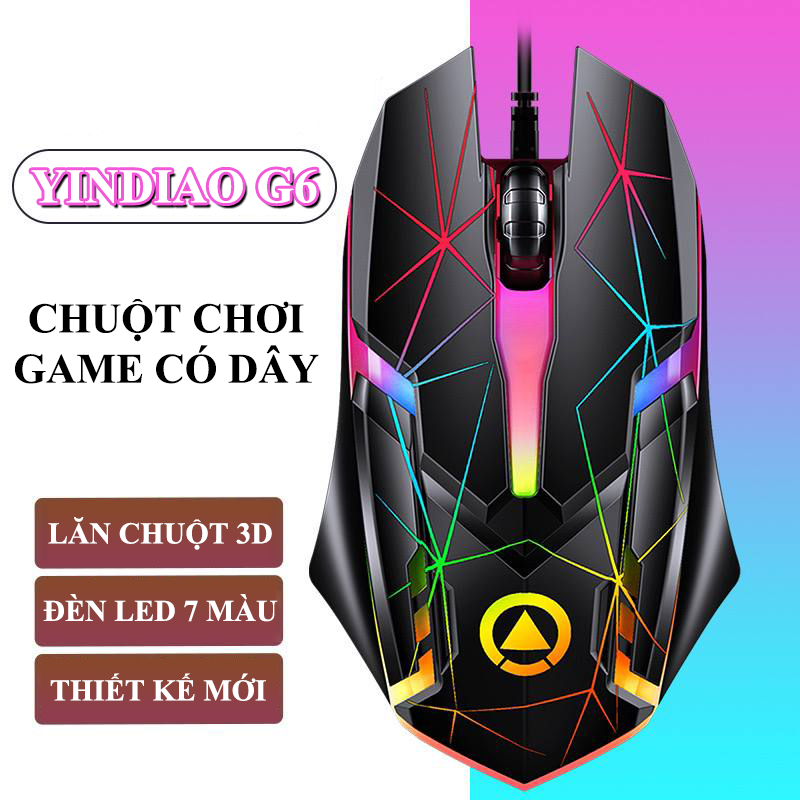 Chuột chơi game YINDIAO G6 kết nối có dây cổng USB thiết kế họa tiết kim cương có đèn led 7 màu cực đẹp - Hàng Chính Hãng