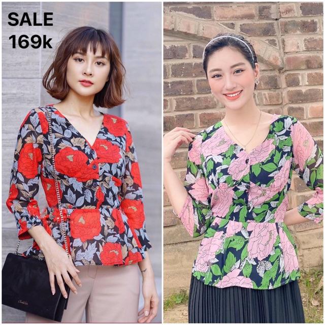 Áo sơ mi hoa peplum cổ V phối cúc