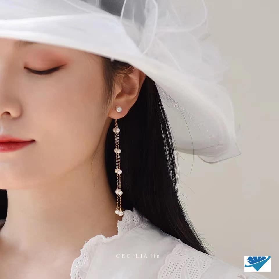 Bông tai bạc tua trai thả dài MS95