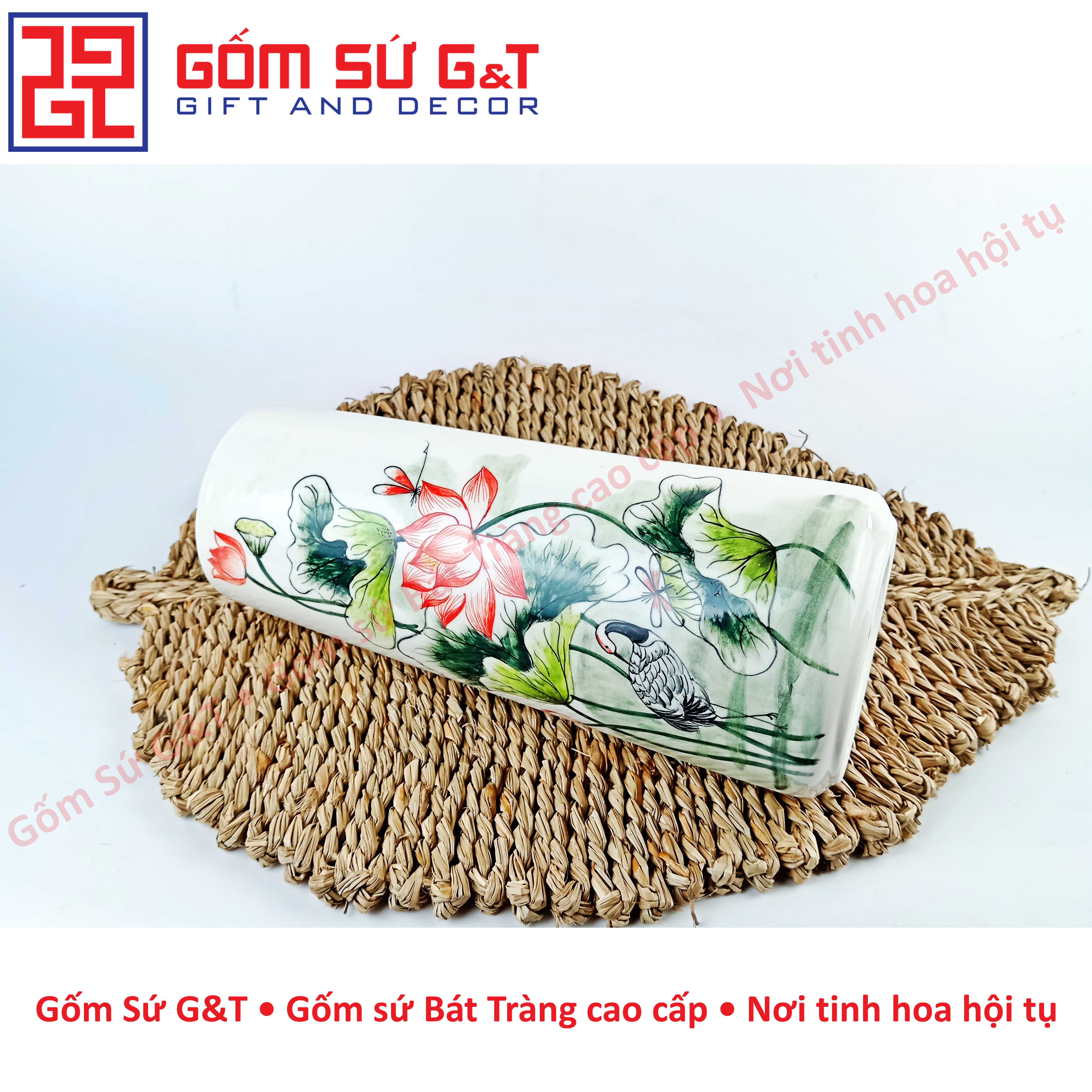 Lọ hoa dáng ống vẽ sen hạc Gốm Sứ G&T