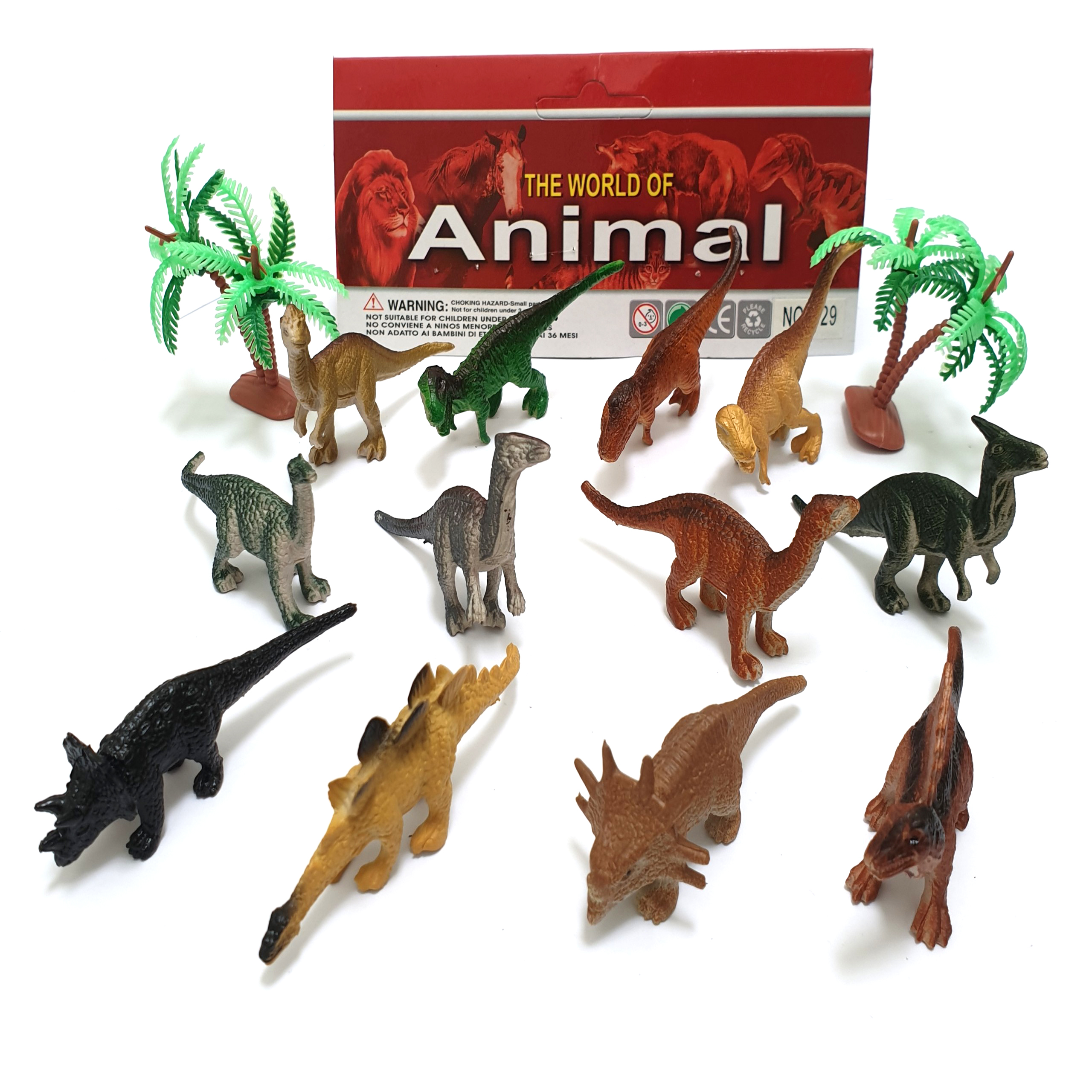 Bộ đồ chơi 12 mô hình khủng long mini Animal World 129 kèm cây trang trí (4x8 cm)