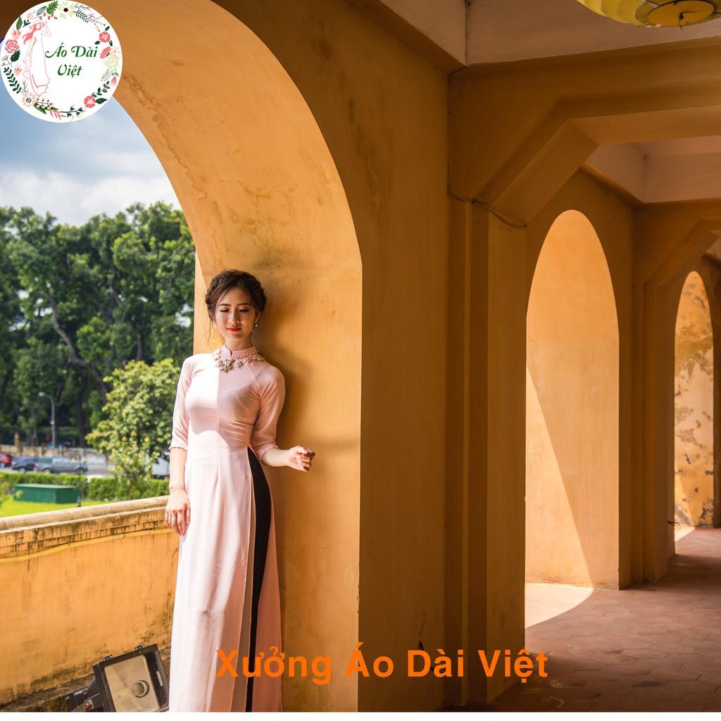Áo Dài Hồng Đắp Hoa Ruy Băng - Áo Dài 4 Tà - Áo Dài Việt Hàng Lụa Chất Lượng