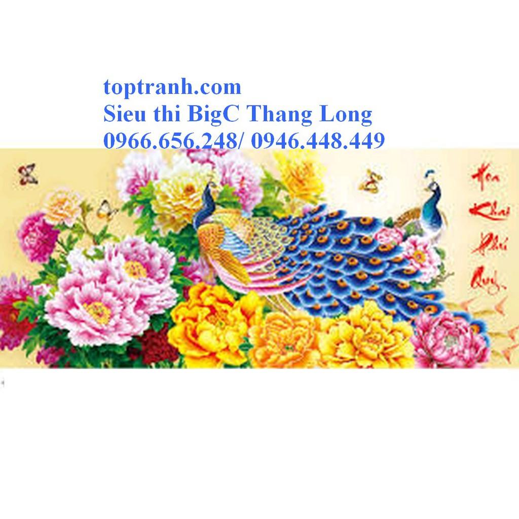 Tranh thêu chữ thập hoa khai phú quý, tranh thêu chim công và hoa mẫu đơn vàng Lv3063